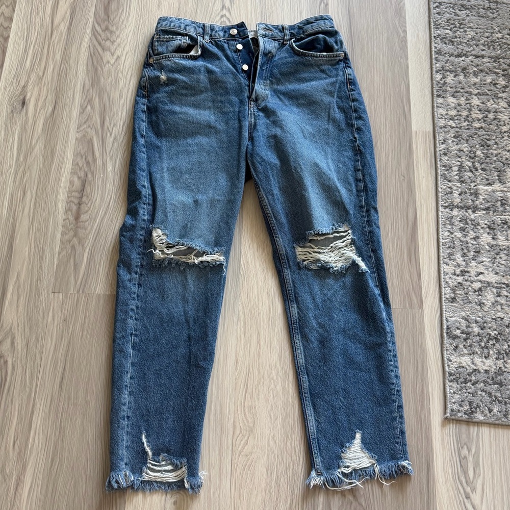 Zara Straight Leg Distressed Medium Blue Ripped Denim